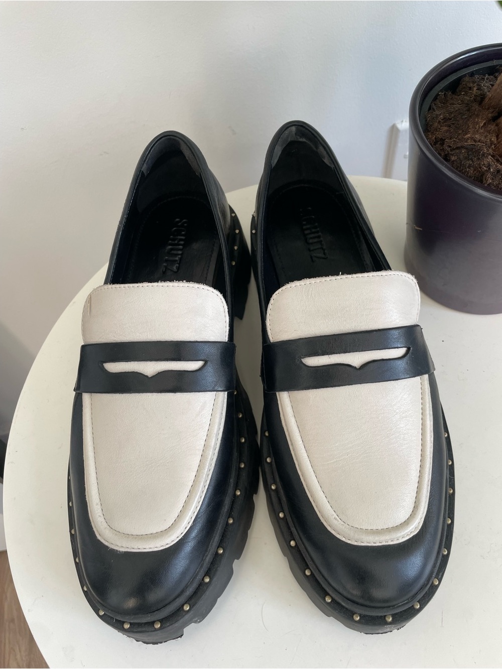 Women Size 9 Schutz Chunky Multicolor Christie Loafers Cream Black Tuxedo Shoes - Picture 7 of 9